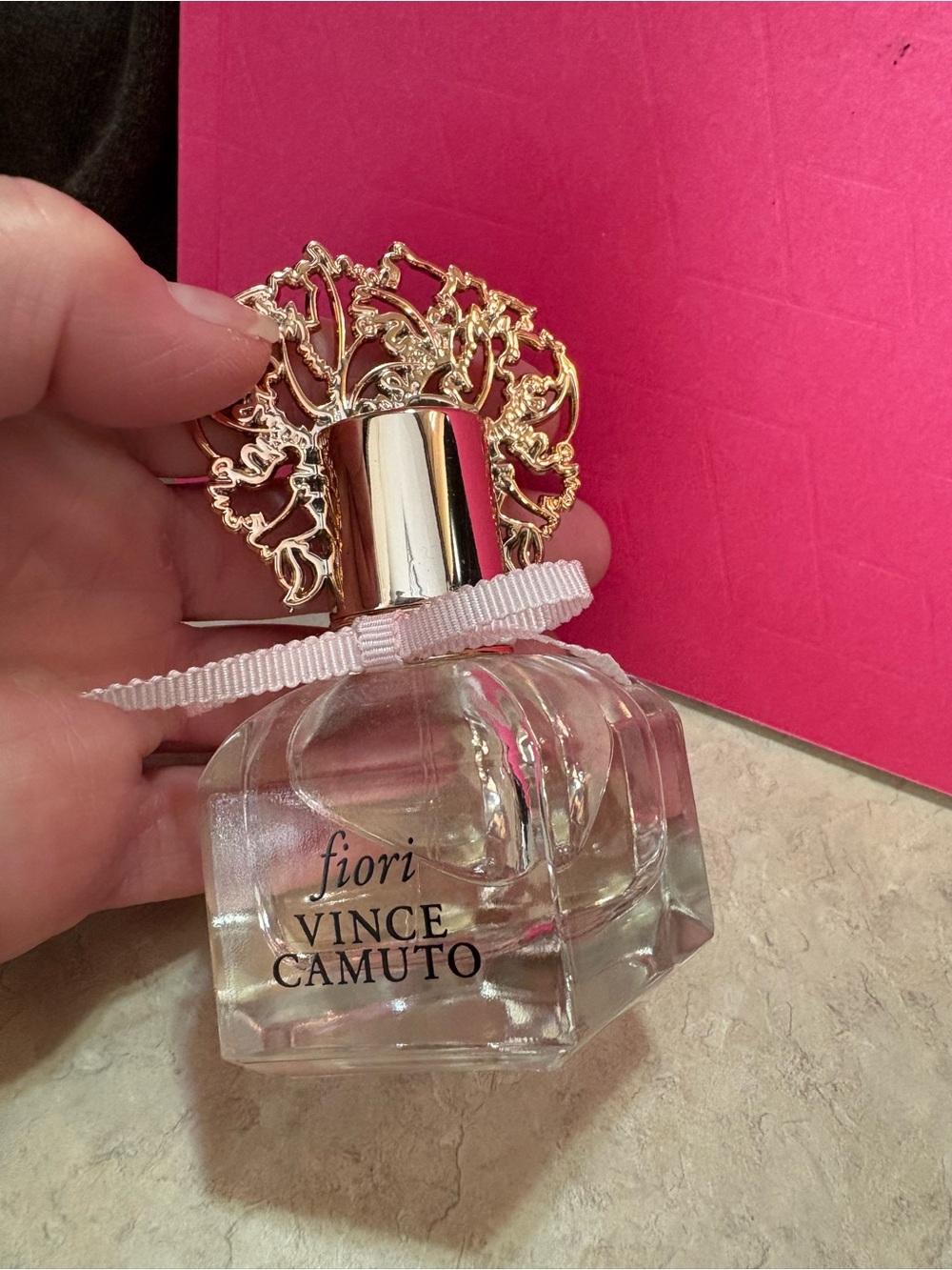 Vince Camuto Fiori Perfume Bottle with Gold Filigree Cap and Pale Pink Ribbon